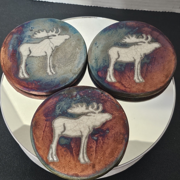 Raku Art Pottery Coasters Signed Jeremy Diller Set of 3 Raku Elk 🦌 - Picture 2 of 10